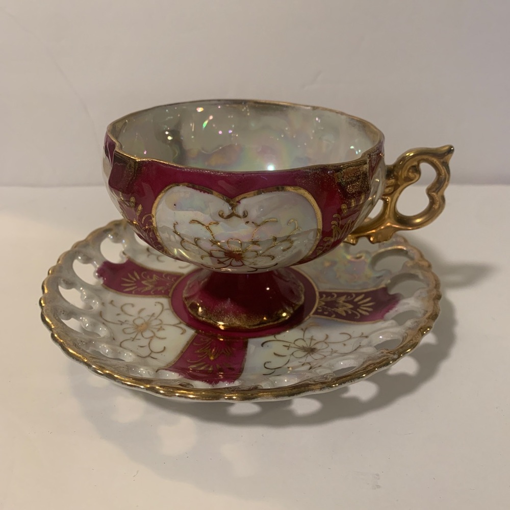 Royal Sealy ~ DEEP PINK & PEARL LUSTER  ~ Pedestal Gold Floral Teacup tea cup #2